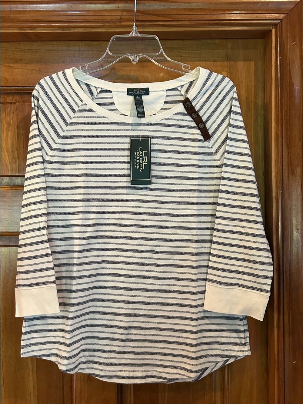 Lauren Jeans Company Cream and Navy Striped Button-Shoulder 3/4 Sleeve Tee